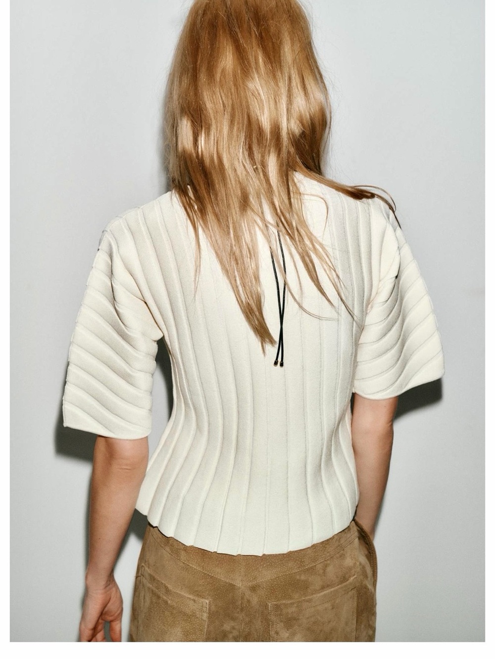 Zara NWT ivory Cream Ribbed Short-Sleeve knit Sweater structured Top - Picture 6 of 9